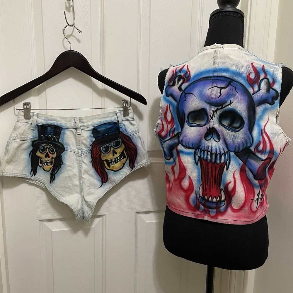 Vintage 80s Guns N Roses Airbrush Booty Short Denim Vest Set J. Neyrot Miami Art - Picture 2 of 14